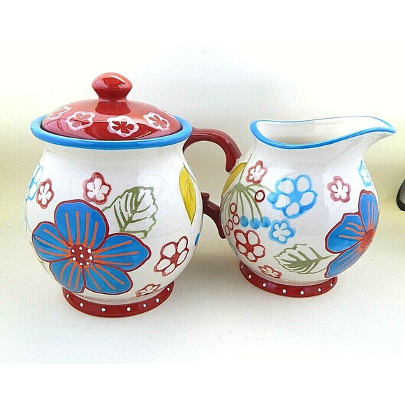 Dutch Wax Vibrant Floral Sugar Bowl and Creamer by Coastline Imports Red Accents - Picture 3 of 9